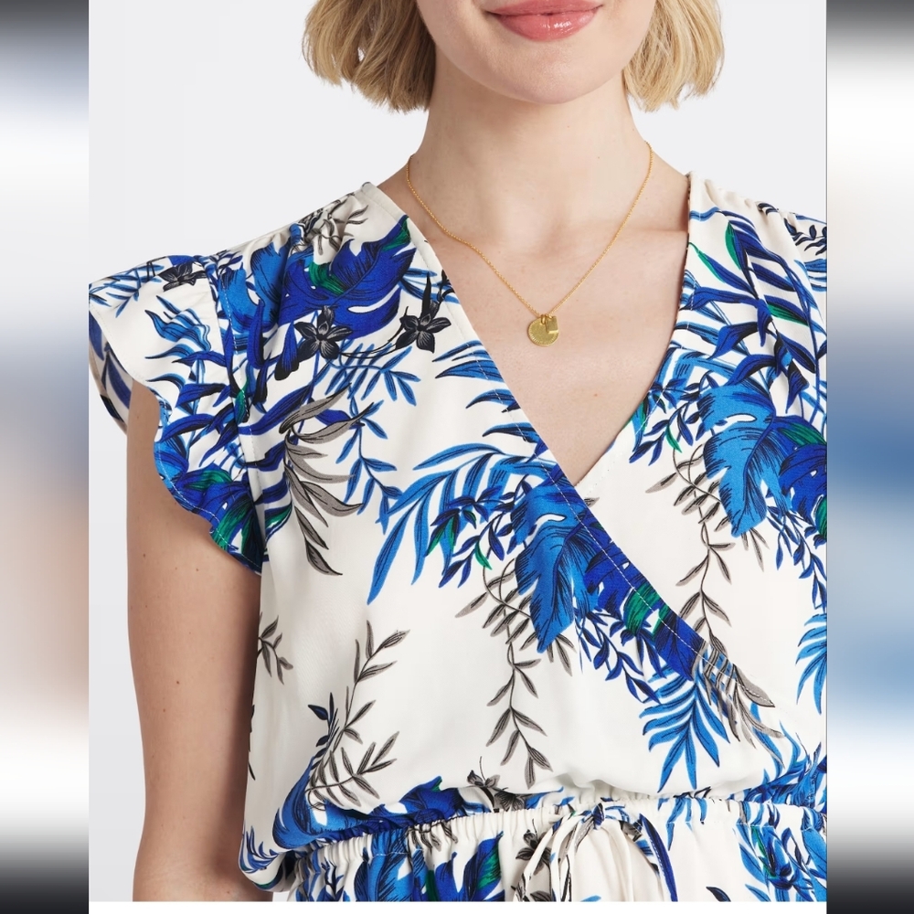 41 Hawthorn Blue and White Leaf Print Dress - Picture 4 of 14